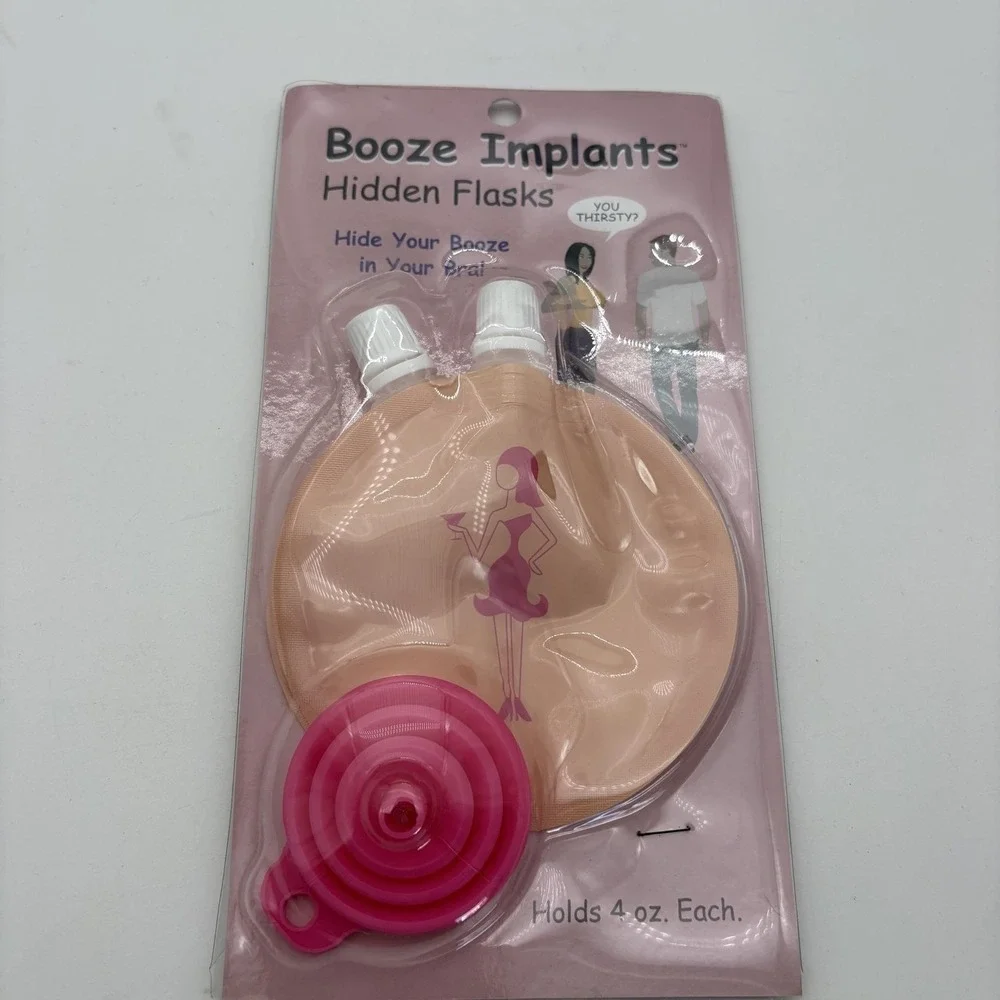 Kheper Booze Implants Hidden Bra Flasks Set Beige Pink Funnel Novelty